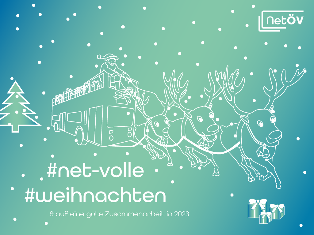 Weihnachtsmann auf einem Doppeldeckerbus mit Geschenken, der von Rentieren gezogen wird. Text #net-volle #weihnachten