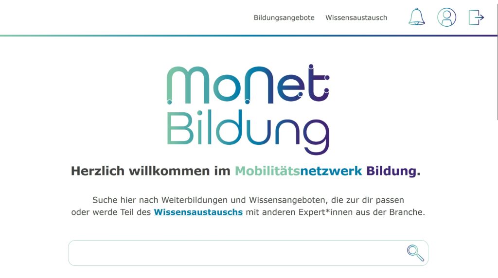 Startseite MoNet-Bildung. Navigation, Logo und große Suchzeile, um nach Weiterbildungsangeboten aus dem öffentlichen Verkehr zu suchen